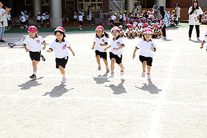 運動会予行が行われました　かけっこ　年中組