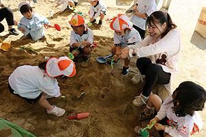 園庭の砂場でおいもほりごっこ　きりん