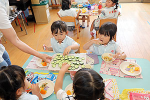 年長組さんが育てたきゅうりいただきます　うさぎ・りす・ことり・こあら